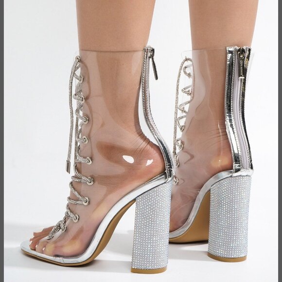 See Me Silver Rhinestone Laces Heels Clear Upper Open Toe Ankle Boots NEW - Picture 6 of 14